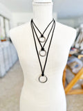 Brushed Silver O-Ring on Black Leather Necklace