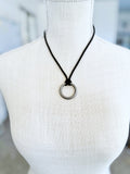 Brushed Silver O-Ring on Black Leather Necklace