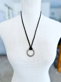 Brushed Silver O-Ring on Black Leather Necklace