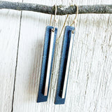 Silver Bar on Navy Blue Leather Earrings w/ Silver Ear-wires