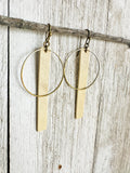 Bronze + Beige - Leather Bar + Metal Circle Earrings