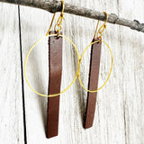 Dark Brown & Gold - Leather Bar + Metal Circle Earrings