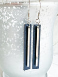 Silver Bar on Navy Blue Leather Earrings w/ Silver Ear-wires