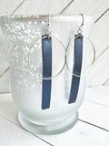 Silver + Navy Blue - Leather Bar + Metal Circle Earrings