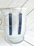 Silver + Navy Blue - Leather Bar + Metal Circle Earrings