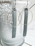 Silver + Gray - Leather Bar + Metal Circle Earrings