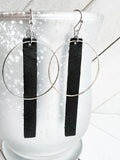 Silver + Black - Leather Bar + Metal Circle Earrings