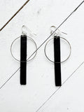Silver + Black - Leather Bar + Metal Circle Earrings