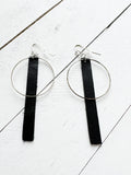 Silver + Black - Leather Bar + Metal Circle Earrings
