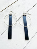 Silver + Navy Blue - Leather Bar + Metal Circle Earrings