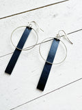 Silver + Navy Blue - Leather Bar + Metal Circle Earrings