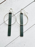 Silver + Gray - Leather Bar + Metal Circle Earrings