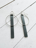Silver + Gray - Leather Bar + Metal Circle Earrings