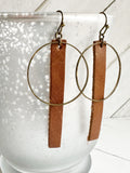 Brown & Bronze - Leather Bar + Metal Circle Earrings