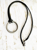 Brushed Silver O-Ring on Black Leather Necklace