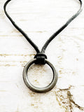 Brushed Silver O-Ring on Black Leather Necklace