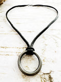 Brushed Silver O-Ring on Black Leather Necklace