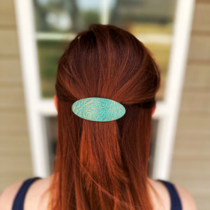 Copper Embossed Teal Green Leather Floral Hair Barrette - Med.