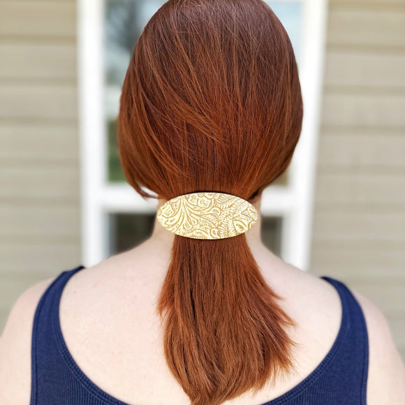 Gold Embossed Brown Leather Floral Hair Barrette - Lg