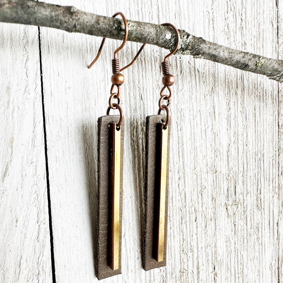 14K Rose Gold Bar on Gray Leather w/ Copper Earwires