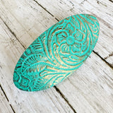 Copper Embossed Teal Green Leather Floral Hair Barrette - Lg