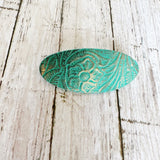 Copper Embossed Teal Green Leather Floral Hair Barrette - Med.