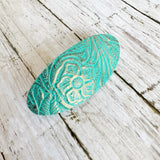 Copper Embossed Teal Green Leather Floral Hair Barrette - Med.