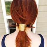 Gold Embossed Brown Leather Floral Hair Clip w/ Stick