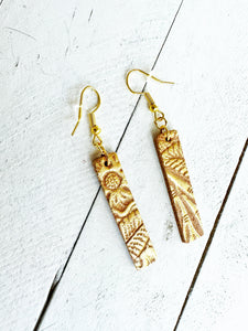 Metallic Gold on Brown Leather Bar Earrings