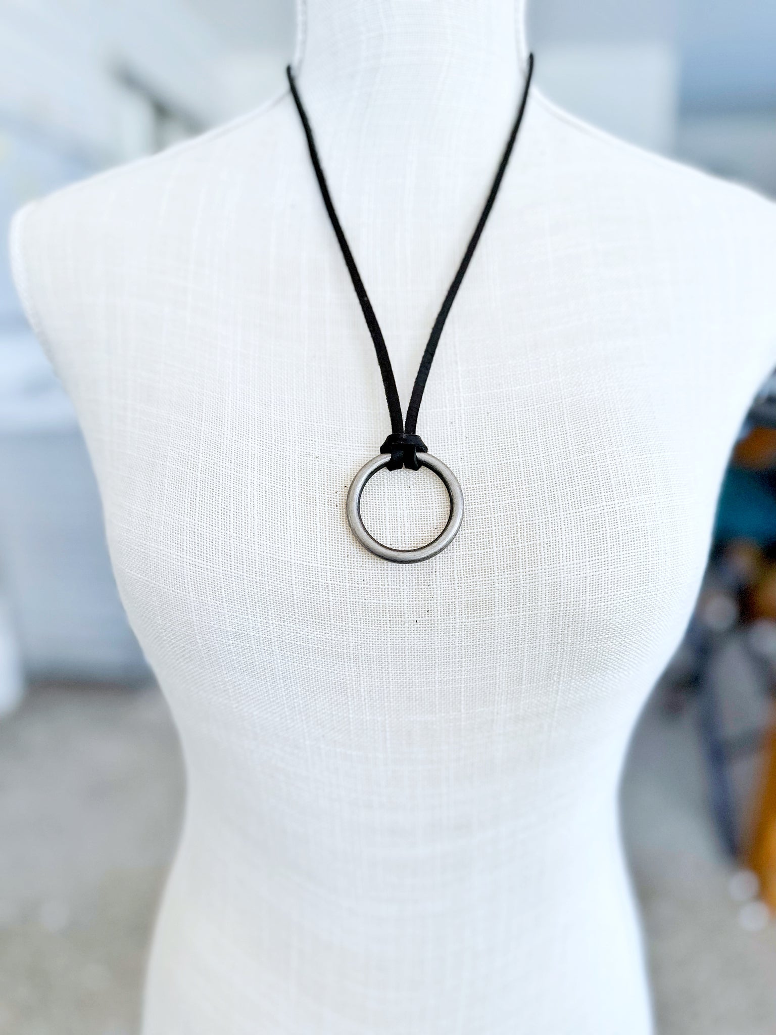 Brushed Silver O Ring on Black Leather Necklace Boho By Design